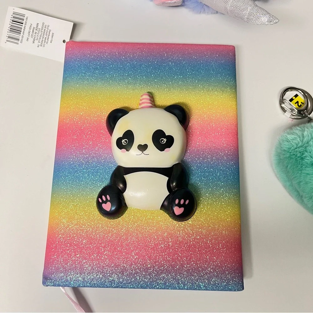 3D Panda bear Journal; 8x6 lined pgs, Unicorn headband, and green heart keychain